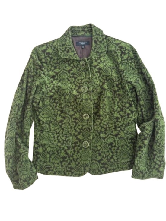 Talbots Jackets & Blazers - Talbots Vintage Olive Green Patterned Velvet Blazer Womens size 12P cotton